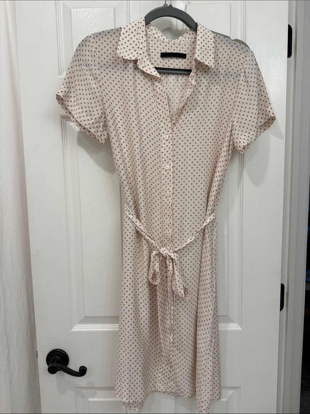 Jenni Kayne Cream Silk Belted Shirt Dress with Pale Pink Dot Print, Size Small